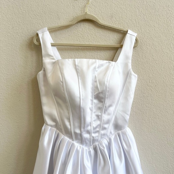 White Satin Corset Fit and Flare Mini Dress Bachelorette Party Bridal Graduation - Picture 8 of 13